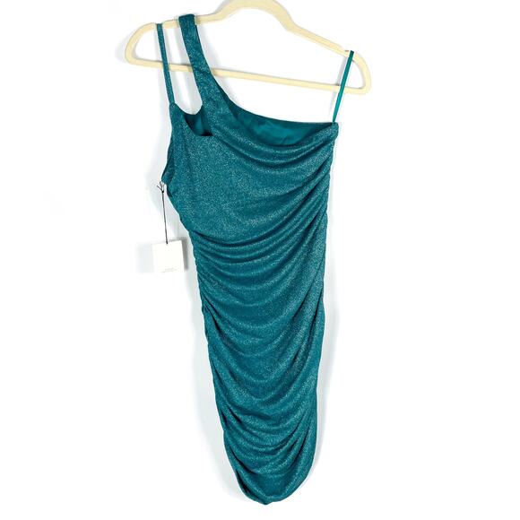 Superdown Jayden Mini Dress Blue‎ Shimmer Asymmetrical One Shoulder Jersey Sz M - Picture 9 of 12